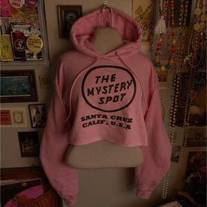 The Mystery Spot Graphic Cropped Hoodie Sweatshirt Unisex Medium Pink California
